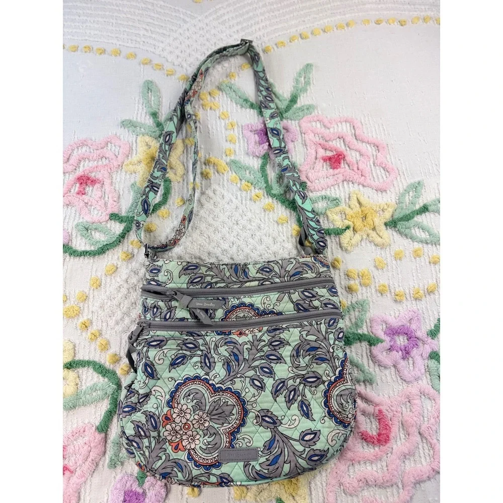 Vera Bradley Quilted Crossbody Bag Mint Paisley Blue Gray Orange‎ Floral Zip